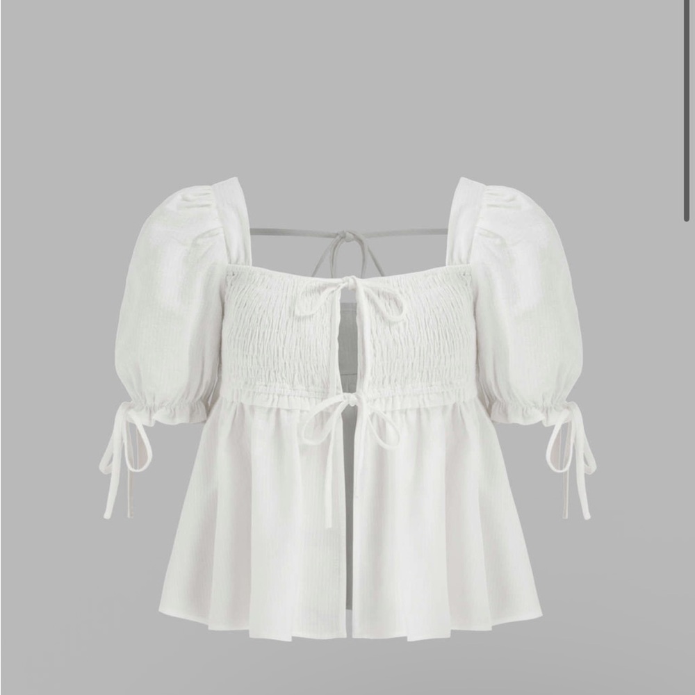 SQUARE NECK SOLID KNOTTED SHIRRED SHORT SLEEVE BLOUSE